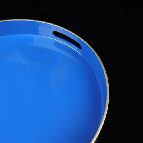 Miniatura 3 de Bandeja decorativa redonda azul con asas, bandeja de servir elegante de 13" para mesa de café, estilo otomano para sala de estar, baño, exteriores