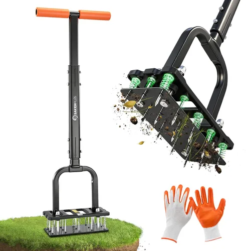 Sakerplus Herramienta aireadora de césped, aireador de césped con púas autolimpiantes de retorno automático, almohadilla cómoda antifatiga, juntas