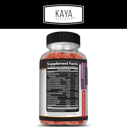 Miniatura 2 de Kaya Naturals Gomitas multivitamínicas para adultos, biotina, vitamina A, B-12, C y E, incluyendo zinc, ácido fólico, sabor a fresa - Multivitaminas
