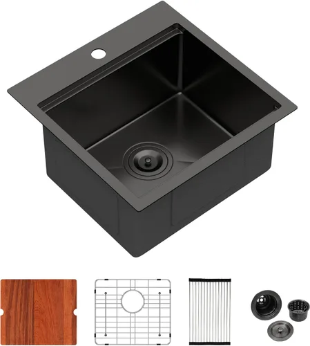 Miniatura 39 de Logmey Fregadero de cocina negro 33x22 empotrable, estación de trabajo de fregadero de cocina, SUS304 calibre 16 acero inoxidable, tazón individual