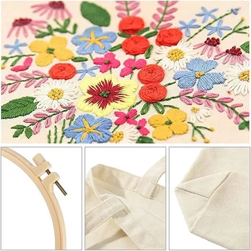 Miniatura 2 de Kit de bolsas bordadas estampadas para bricolaje, diseño de flores de pensamiento, con aros de patrón, hilos de costura, arte de costura, bolsa