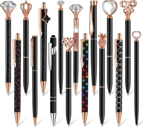 Colarr Juego de 16 bolígrafos con purpurina de diamante de cristal, bonito juego de bolígrafos de metal para diario, tinta negra retráctil, regalos