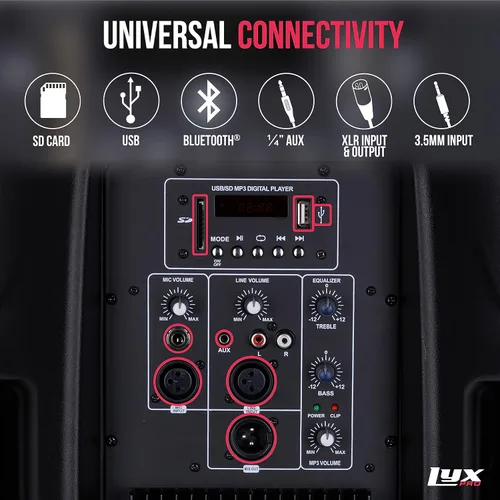 Miniatura 4 de LyxPro Sistema PA de 12" Potente Sistema de Altavoces Activos Portátiles Compactos con Ecualizador, Bluetooth, Ranura para Tarjeta SD, USB, MP3
