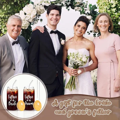 Miniatura 7 de 2 juegos de tazas de vidrio para madre del novio con tapas y pajitas, tazas de café helado de 16 onzas, regalos de boda para novia y novio (padre)