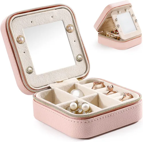 Emibele Joyero de viaje, estuche pequeño de piel sintética, organizador de joyas de viaje de 3 capas para mujeres y niñas, estuche de viaje de