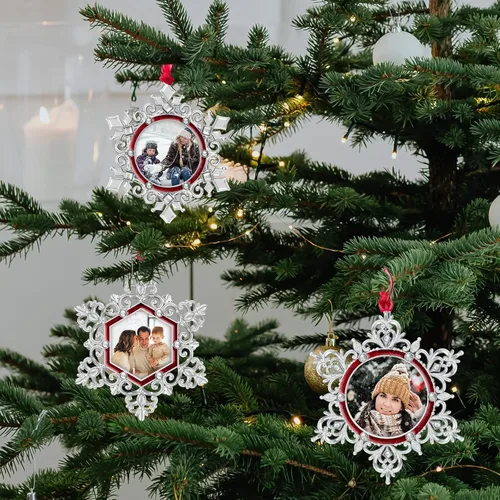 Miniatura 7 de West style Adorno de copo de nieve con marco de fotos para árbol de Navidad Adornos de árbol de Navidad colgantes metálicos Adorno colgante