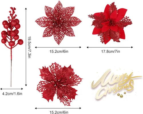 Miniatura 2 de RECUTMS 66 piezas 3 estilos de adornos rojos de Navidad, flores de Pascua brillantes de Poinsettia artificiales, adornos de árbol de Navidad, flores