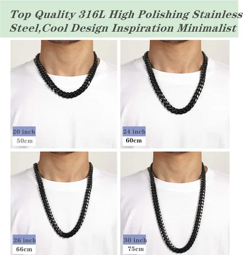 Miniatura 6 de ROWINCO - Cadena para hombre color negro pesada grande de acero inoxidable 316L cadena de eslabones cubanos cadena de joyería de hip hop 0591in