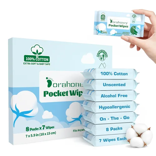 Toallitas de viaje 100% algodón para pieles sensibles, 99% agua purificada hipoalergénicas, toallitas húmedas sin perfume, esenciales de viaje, 56