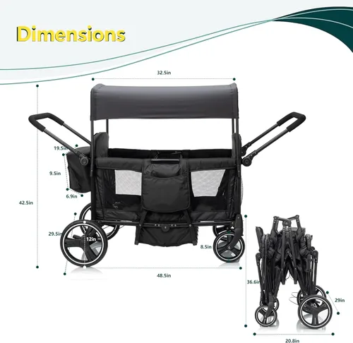 Miniatura 12 de Voupou - Vagón con cochecito para 2, 3, 4 niños, 4 plazas, todo terreno, tándem, vagón para bebés, plegable, ligero, con arnés de 5 puntos, toldo