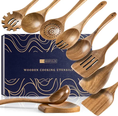 Miniatura 15 de Cucharas de madera para cocinar, juego de utensilios de cocina antiadherentes con 9 espátulas de madera de acacia y cucharas para cocinar, excelente