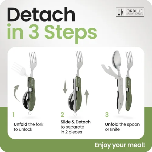 Miniatura 3 de Orblue Utensilios de comida 4 en 1, paquete de 2 – Cuchara portátil, tenedor, cuchillo y abridor de botellas, cubiertos de acero inoxidable