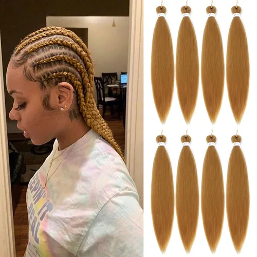 Miniatura 16 de Cabello trenzado preestirado de 18 pulgadas, 3 paquetes de cabello rubio miel preestirado, extensiones de cabello sintético profesional, sin