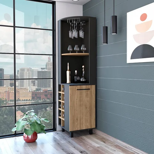 Miniatura 2 de FM FURNITURE Leah Armario esquinero para bar con 2 estantes abiertos, 2 estantes interiores, estante de vidrio y 10 cubos de vino, negro/pino