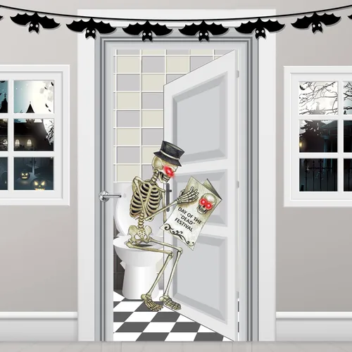Tatuo Cubierta de puerta de esqueleto - Decoraciones de Halloween, fondo de baño, suministros de fiesta en interiores, 30 x 60 pulgadas