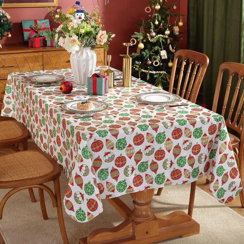 Mantel de Navidad de vinilo con reverso de franela, rectangular, 52 x 70 pulgadas, patrón de bolas de Navidad, 100% impermeable, mantel de plástico