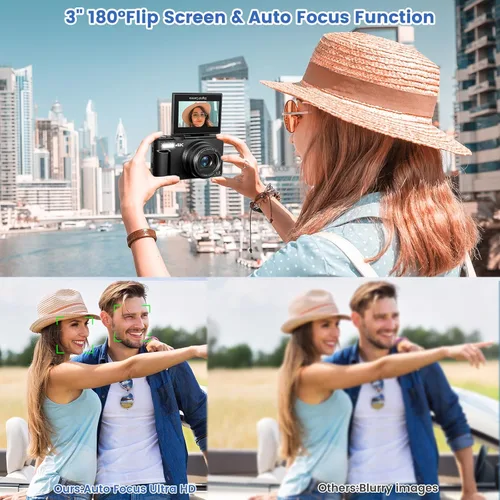 Miniatura 5 de Cámara digital 4K para fotografía, cámara de videoblogs de 64 megapíxeles para YouTube con pantalla giratoria de 3" 180°, cámara compacta de zoom