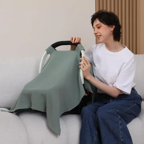 Miniatura 4 de Funda de asiento de automóvil 100% muselina de algodón para bebé, cubierta de toldo para asiento de automóvil, fundas de cochecito de ajuste Verde