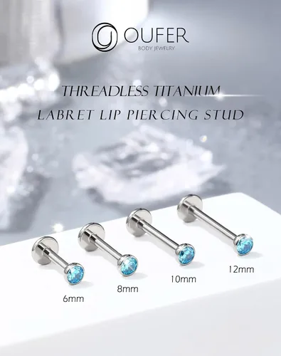 Miniatura 2 de OUFER - 2 aretes tipo dormilona de titanio G23 sin rosca, 20G/18G/16G, con respaldo plano y circonia cúbica pequeña, piercing para nariz, helix