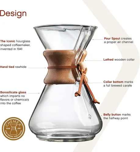 Miniatura 3 de Chemex Cafetera de vidrio para verter - Serie clásica - 10 tazas - Embalaje exclusivo Cafetera manual grande del goteo, vidrio de borosilicato