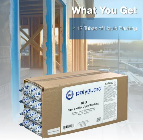 Miniatura 2 de POLYGUARD Blue Barrier Liquid Flashing Paquete de 12 tubos de salchicha de 20 onzas. Sistema de barrera de aire resistente a la intemperie alrededor