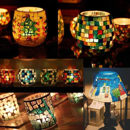 Miniatura 3 de Azulejos de mosaico, azulejos de vidrio, piezas de vidrio de mosaico de cristal brillante, surtido de azulejos cuadrados y triangulares de cristal