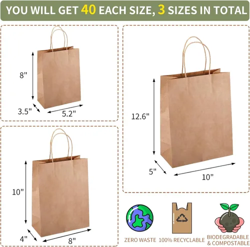 Miniatura 2 de TOMNK 120 bolsas de papel marrón con asas de varios tamaños, varios tamaños, bolsas de regalo de papel kraft a granel para negocios, compras, venta