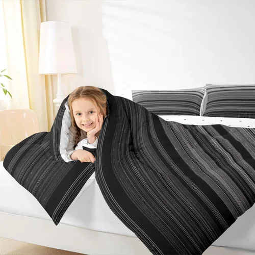 Miniatura 7 de jejeloiu Juego de edredón geométrico para niños, tamaño individual, diseño de rayas de color negro, blanco y gris, juego de ropa de cama decorativo