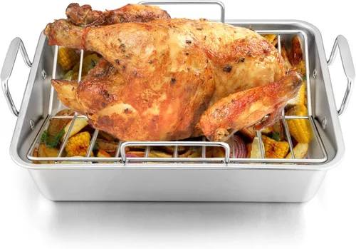LIANYU Sartén para asar pavo de 14 pulgadas, con 2 estantes, de acero inoxidable resistente, para lasaña profunda, para pavo, pollo, lavavajillas