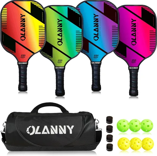 OLANNY Juego de paletas de pickleball de grafito, raquetas de primera calidad, cara de fibra y polímero de núcleo de panal de abeja, incluye paletas