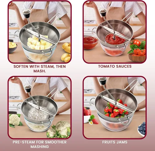 Miniatura 4 de Molinillo de alimentos con 3 discos de molienda, tazón y mango de fresado, molinillo de comida de acero inoxidable seguro, molinillo de alimentos
