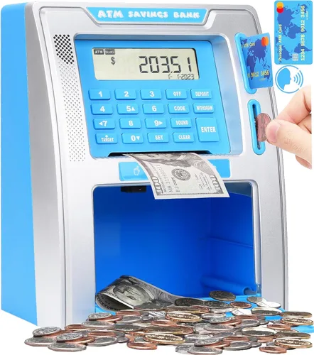 Miniatura 7 de Fishboy Caja de ahorros parlante estilo cajero automático para niños con dos tarjetas de débito, memoria de apagado, cajón de apertura automática