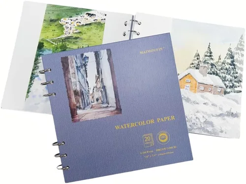 MAIMOUFIN Cuaderno de acuarela, papel de acuarela 100% algodón, 19.3 cm x 19.3 cm, 20 hojas (140 lb/300 g/m²) prensado en frío, cuaderno de bocetos