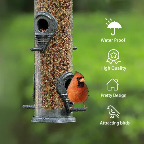 Miniatura 5 de MIXXIDEA 1PK Alimentadores de pájaros metálicos con 6 puertos de alimentación, alimentador de pájaros de tubo con colgador de acero, alimentador