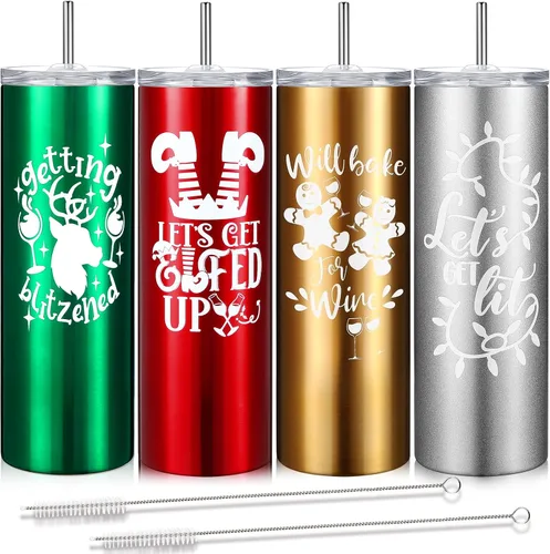 Maxdot 4 vasos de Navidad con tapa y pajita, taza de Navidad de acero inoxidable, doble aislamiento, taza de viaje para agua, vaso al vacío con