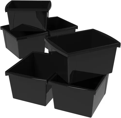Storex Contenedor de almacenamiento de 4 galones, organizador de plástico para libros y suministros, negro, paquete de 6 (61466C06C)
