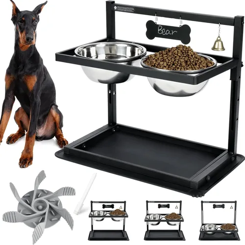 Miniatura 20 de SHAINFUN Soporte elevado para cuenco de perro rosa con dos cuencos de comida de acero inoxidable de 1700ml, comedero de alimentación lenta y Rosa