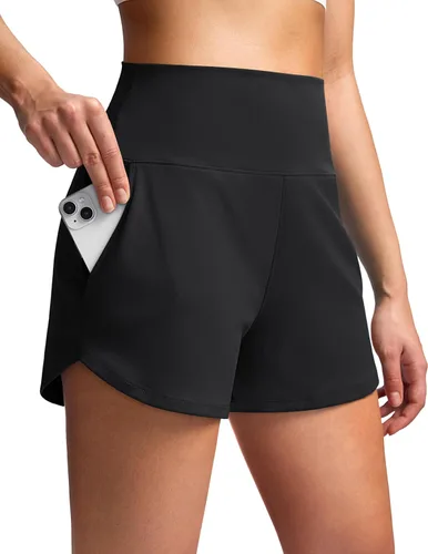 Soothfeel Pantalones cortos deportivos de cintura alta para mujer, 3.5 pulgadas, control de abdomen, cómodos, para entrenamiento, gimnasio,