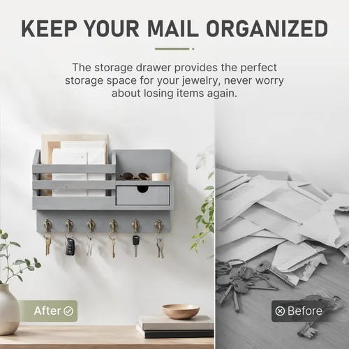 Miniatura 3 de FifthQuarter Organizador de llaves y correo para pared, organizador de correo con montaje en pared con 6 ganchos y cajón de almacenamiento, estante