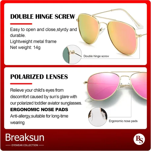 Miniatura 6 de Breaksun Lentes de sol polarizados de aviador para niñas y niños de 3 a 10 años, lentes de sol clásicos de aviador para adolescentes y jóvenes