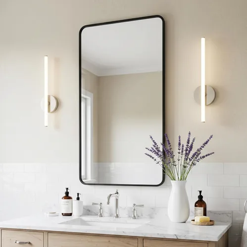 Miniatura 13 de LEDLUX Espejo de baño negro de 24 x 32 pulgadas, espejo sin cobre, marco de metal, espejo rectangular montado en la pared, espejo moderno