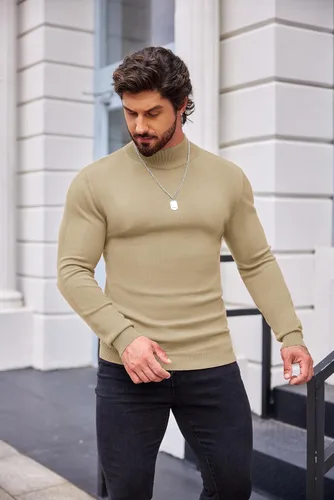 Miniatura 2 de COOFANDY Suéter de cuello alto falso para hombre, ajuste delgado, informal, básico, suéter térmico de punto