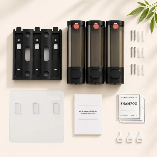 Miniatura 8 de Dispensador de champú y acondicionador, dispensador de jabón de ducha, 3 cámaras, sin taladro, dispensador de champú montado en la pared para ducha