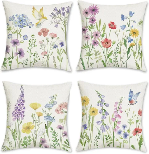 Miniatura 9 de Bonhause Juego de 4 fundas de almohada florales de 18 x 18 pulgadas, fundas de cojín decorativas de plantas silvestres, fundas de cojín decorativas