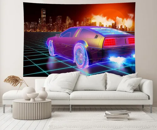 Miniatura 4 de 10x8ft Cyberpunk Car Backdrop Retro Futuristic Cyber City Skyscraper Red Moon Punk Racing Car Background Comic Game Racer Punk Birthday Party