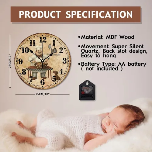 Miniatura 7 de ArogGeld Chef - Reloj de pared de cocina de madera, 10 silencioso, sin tictac, de cuarzo, funciona con pilas, para sala de estar, dormitorio