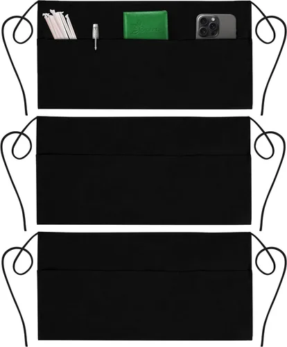 GREEN LIFESTYLE Paquete de 3 delantales de servidor con 3 bolsillos - Delantal de cintura, delantal de camarera para mujeres y hombres, resistente