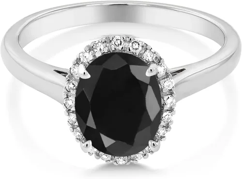 Miniatura 10 de Gem Stone King Anillo de compromiso ovalado de oro blanco de 10 quilates con piedra natal y halo de diamantes Ovalado de 0.354 x 0.276 in Anillo