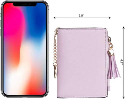 Miniatura 2 de Gostwo Mini cartera pequeña plegable para mujer con borla y bolsillo con cremallera para monedas, Purple With Key Chain