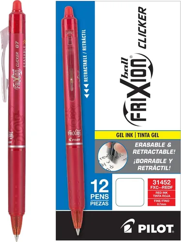 PILOT FriXion Clicker - Bolígrafos de gel borrables, recargables, punta fina (0.7mm), tinta roja, paquete de 12 - Bolígrafos de escritura suave para